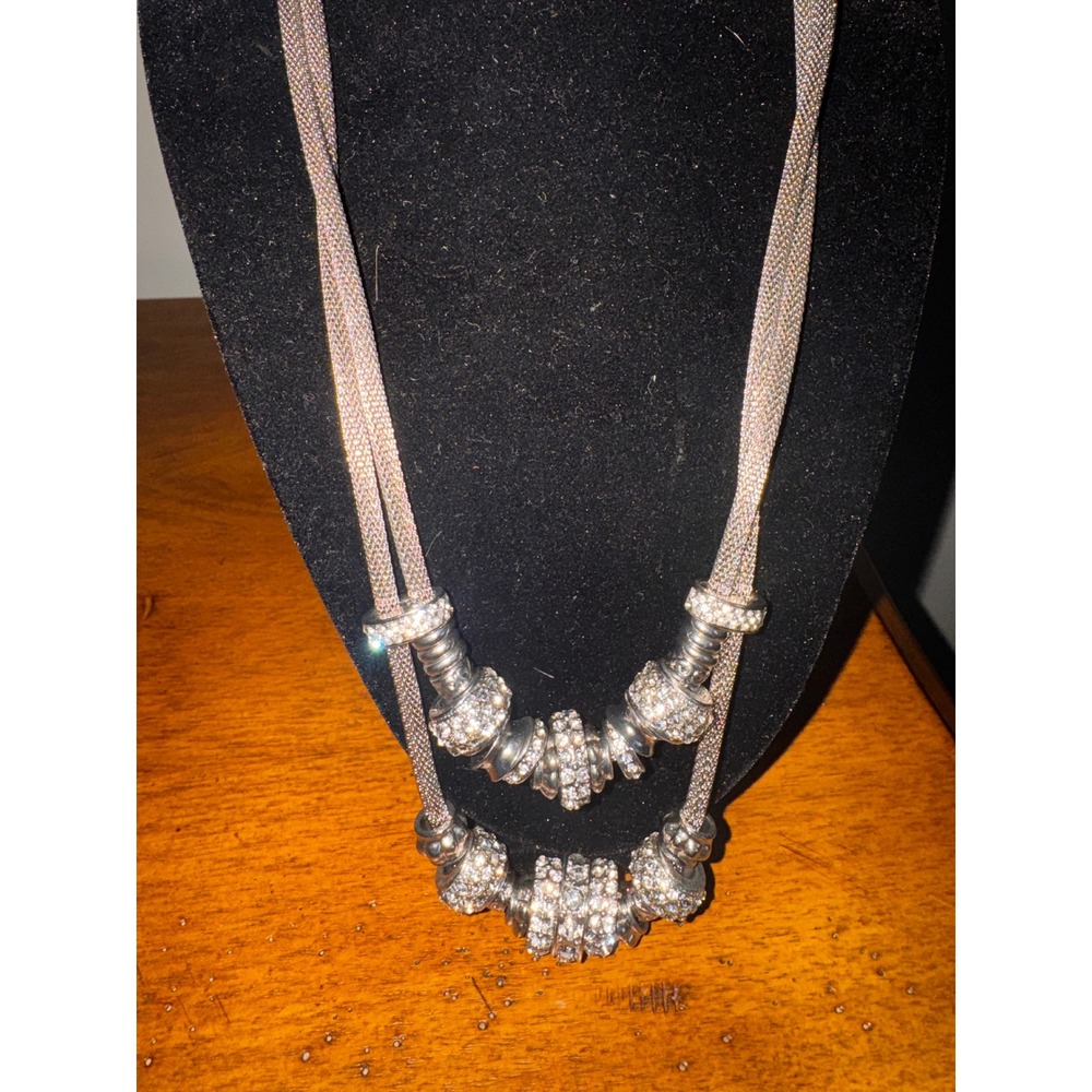 Chicos Silver Tone Mesh Double Strand Necklace with Rhinestone Charms - Picture 5 of 8